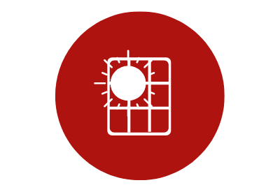 Rotes Icon mit weiß skizziertem Fenster und weiß skizzierter Sonne