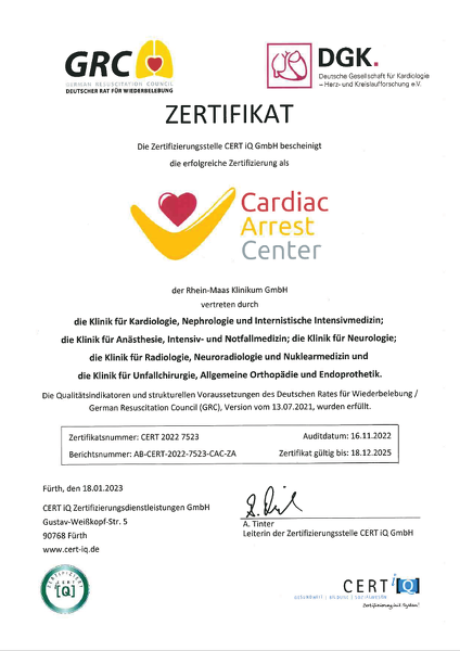Das Cardiac Arrest Center im Rhein-Maas Klinikum ist seit 2019 zertifiziert. 2022 wurde das CAC rezertifiziert.