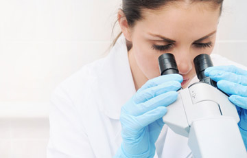 Qualität und Patientensicherheit / eine Dame an einem Mikroskop
